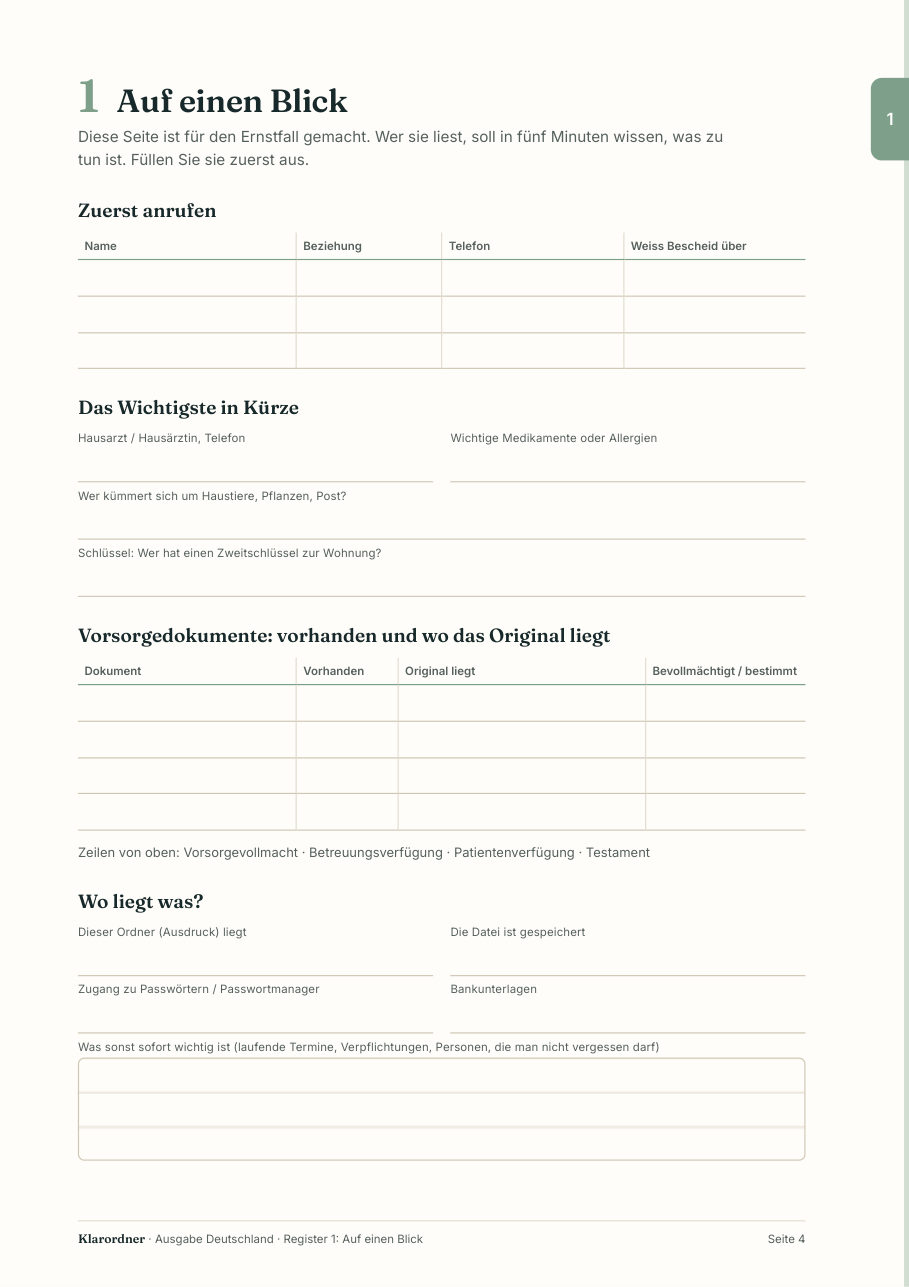 Seite aus Register 1: Auf einen Blick