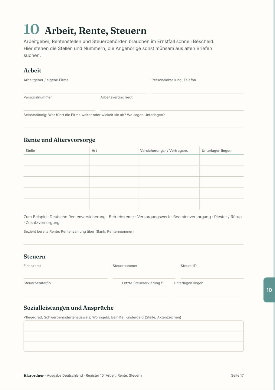 Seite aus Register 10: Arbeit, Rente, Steuern