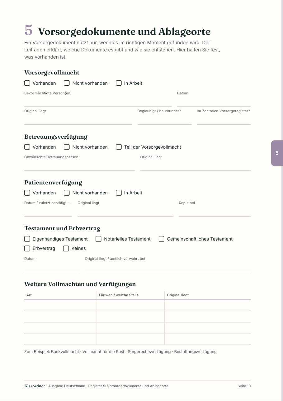 Seite aus Register 5: Vorsorgedokumente