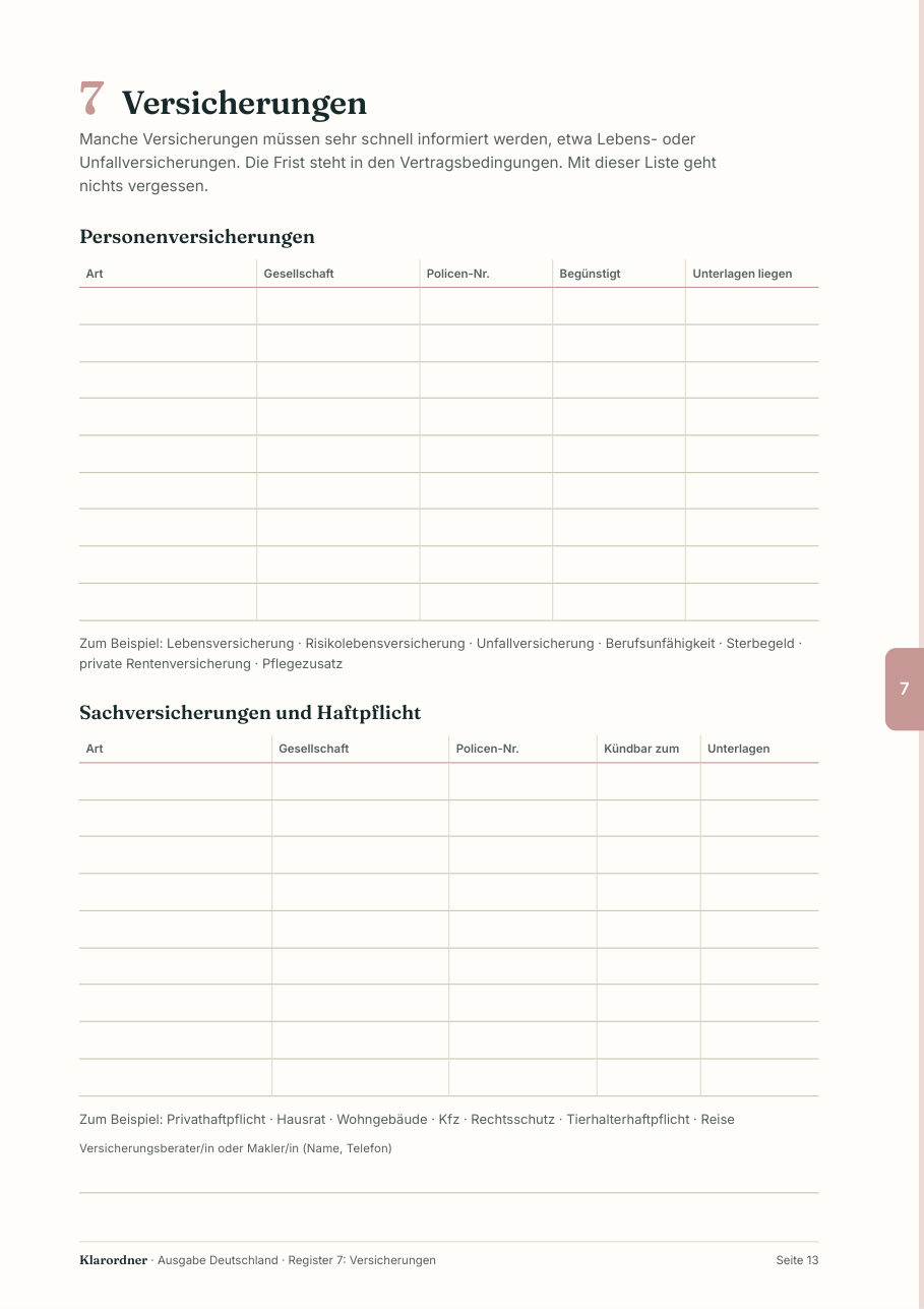 Seite aus Register 7: Versicherungen
