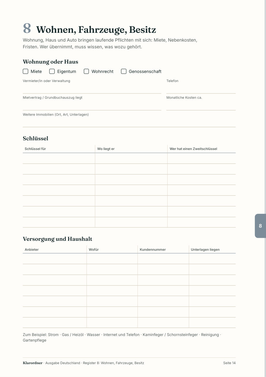 Seite aus Register 8: Wohnen, Fahrzeuge, Besitz